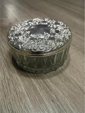 Vintage Glass Trinket Box with Ornate Silver-tone Lid